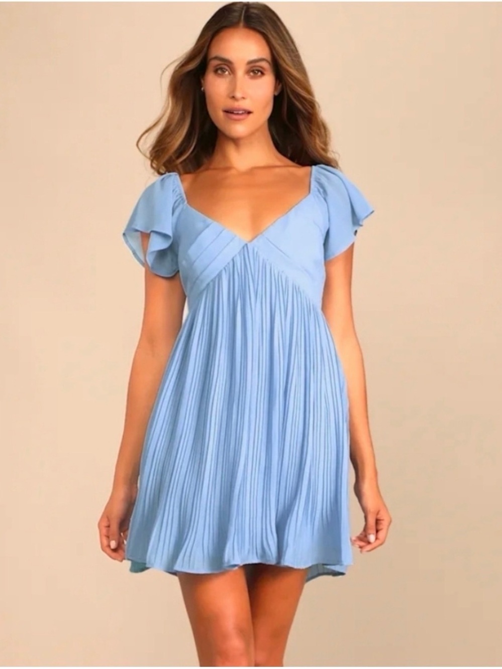 Lulus Amalfi Coast NWT size Medium Light Blue Pleated Flutter Sleeve Mini Dress